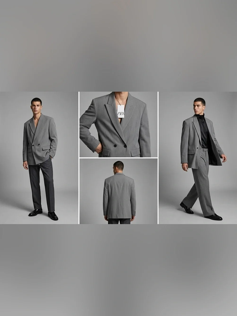 Zara Men's Double-Breasted Light Gray Suit Blazer